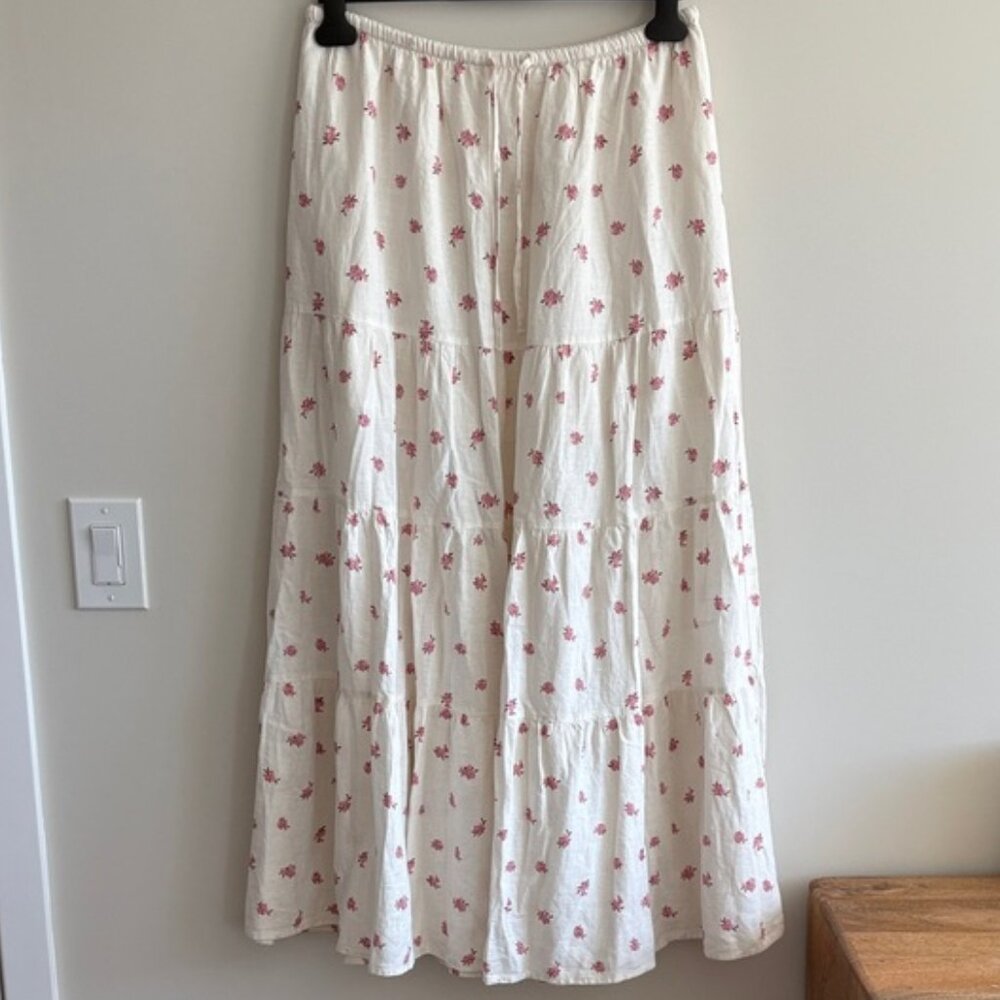 Cotton On White Maxi Skirt with Pink Floral Design